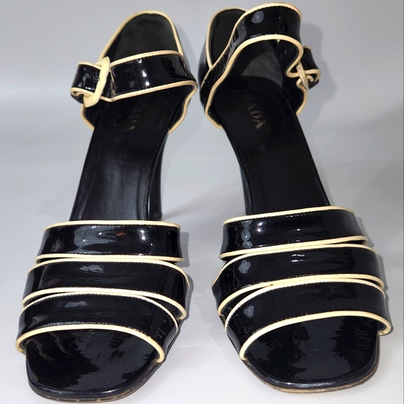Prada Patent Leather Black Cream Heels Sandals Size EU 38 - Picture 6 of 16